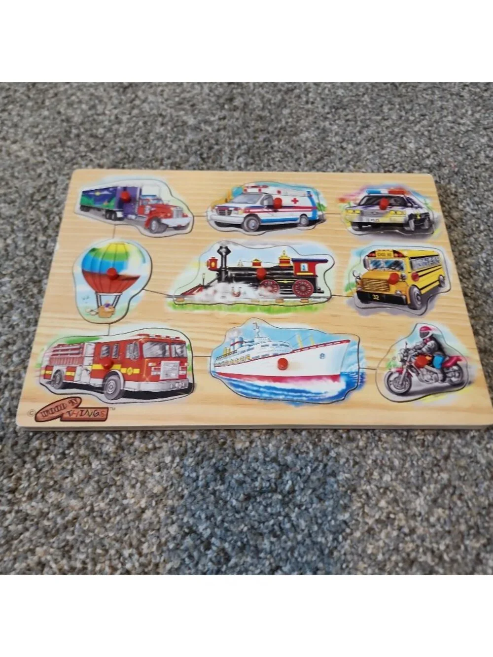 Vintage Wood 'n Things Transportation Methods Child's 9 Piece Wooden Peg Puzzle